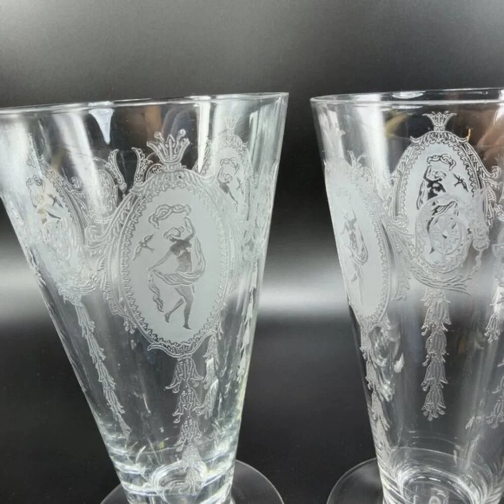 Tiffin Franciscan Classic Shawl Dancer Cameo Etched Nude Dancer Clear Cups Set 2